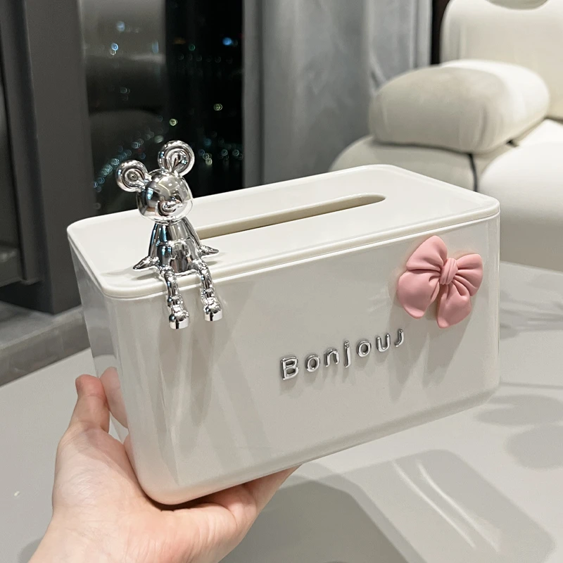 时尚唐老鸭纸巾盒卧室小兔桌面装饰弹簧抽纸盒PVC收纳盒带蕾丝花