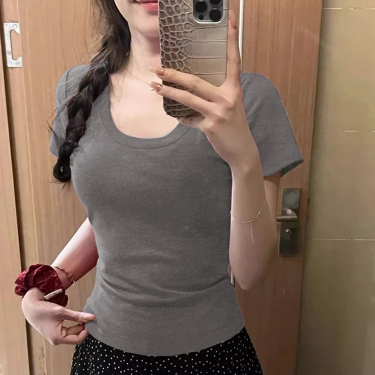 辣妹甜辣正肩U领短袖T恤女夏季新款修身收腰小个子百搭打底上衣潮