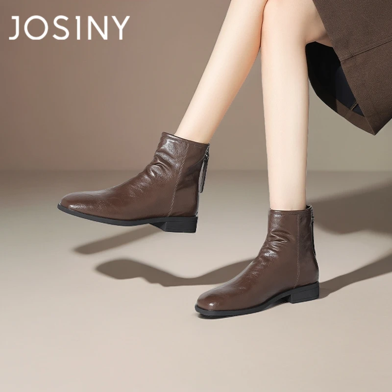 卓诗尼女褶皱厚底短靴2025秋季新款复古增高马丁靴粗跟方头瘦瘦靴