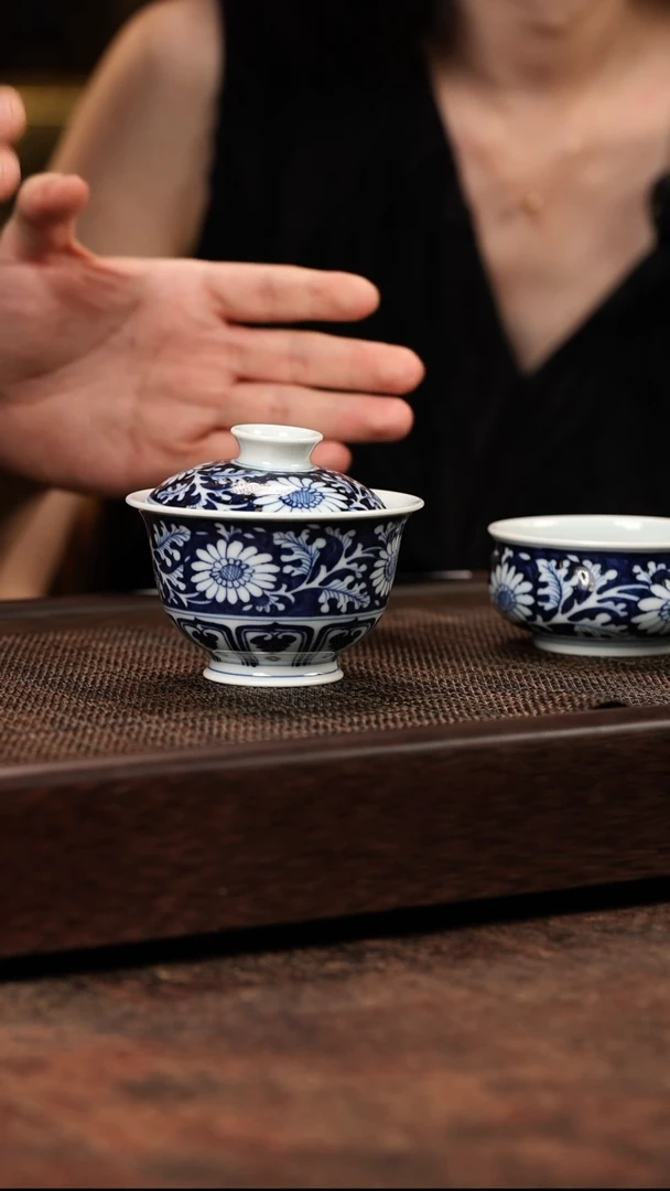 茶壶紫砂蓝地团菊盖碗