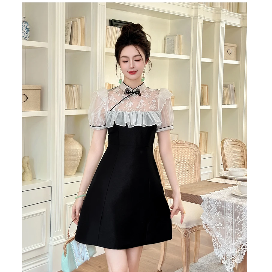 夏季新中式轻奢时尚收腰拼接修身显瘦连衣裙气质15441