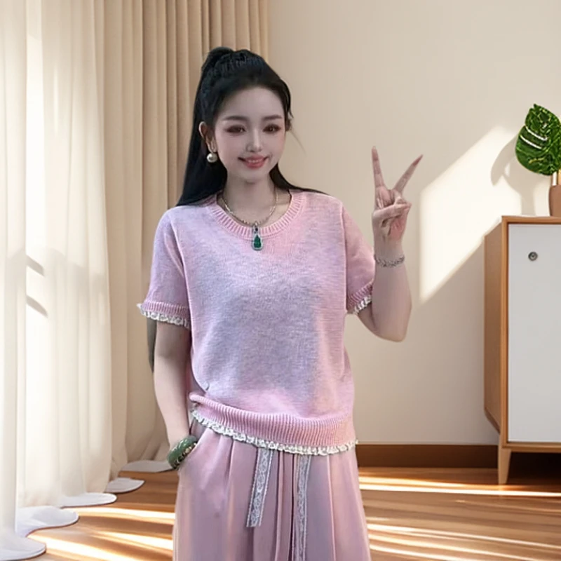 设计感蕾丝花边圆领短袖针织衫1150
