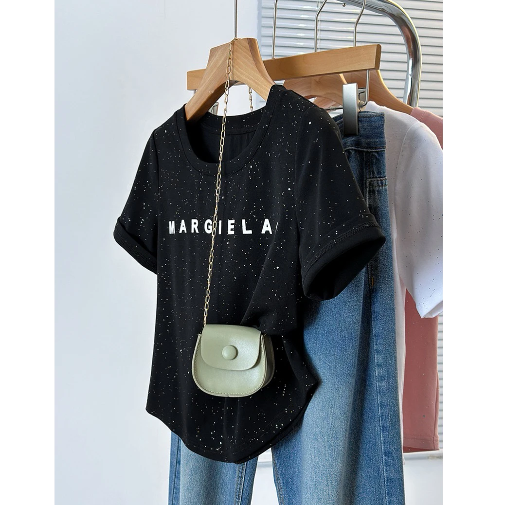 美式复古正肩亮片字母短袖t恤女春夏显瘦百搭设计感上衣