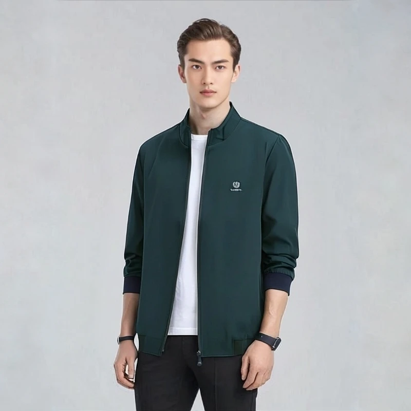 新款多巴胺立领衣服美式修身薄款美拉德男装爸爸春秋外套男秋季衣