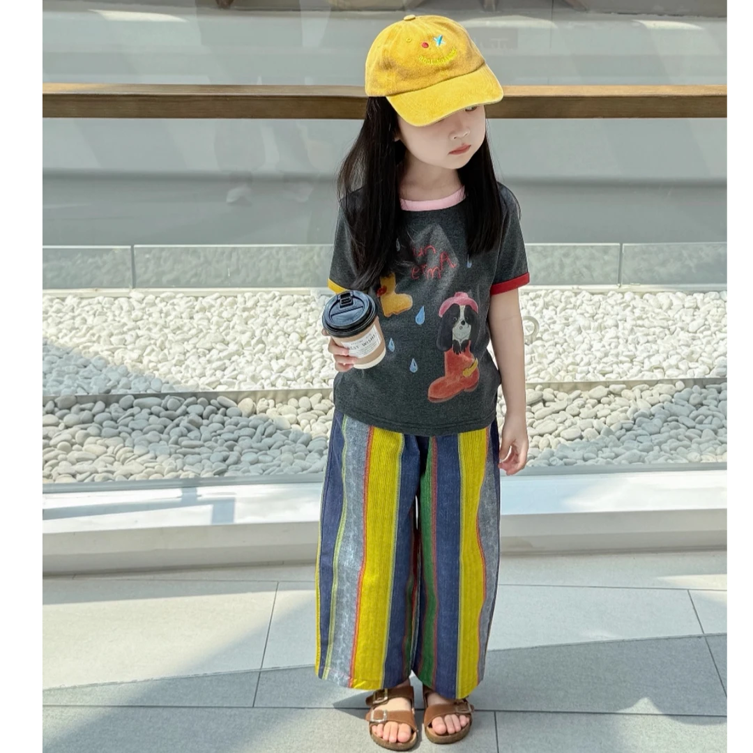 壹妈韩范童装女童时髦套装夏季新款洋气女宝灰色印花短袖条纹长裤