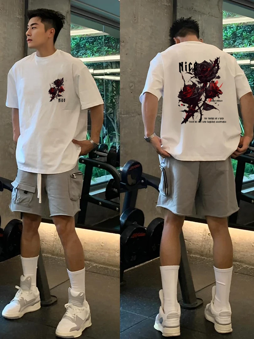 100%纯棉重磅新款ins暗黑素描玫瑰重磅短袖美式复古夏季潮牌印花