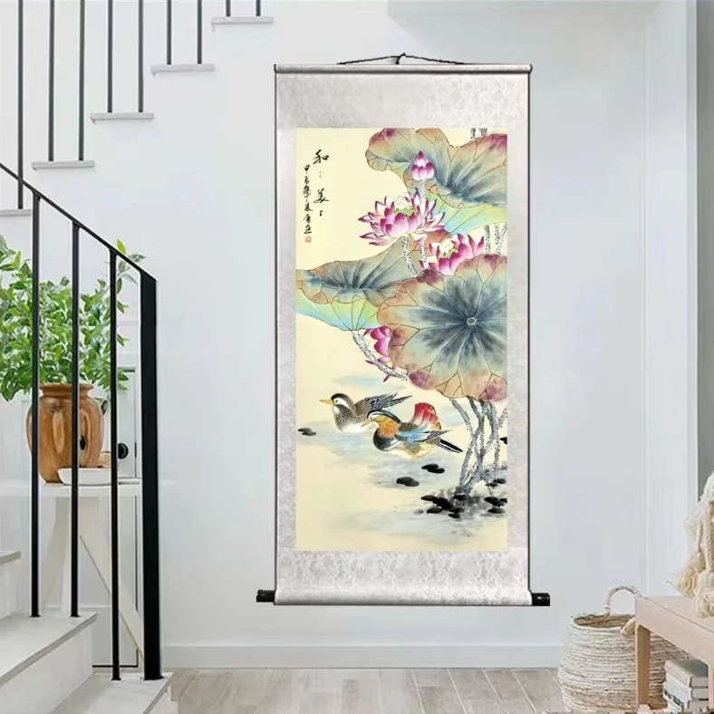 四尺卷轴荷花鸳鸯和和美美