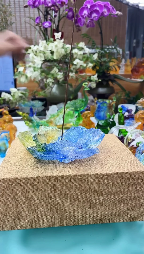 手工艺品琉璃蓝彩色牡丹花线香插12公分