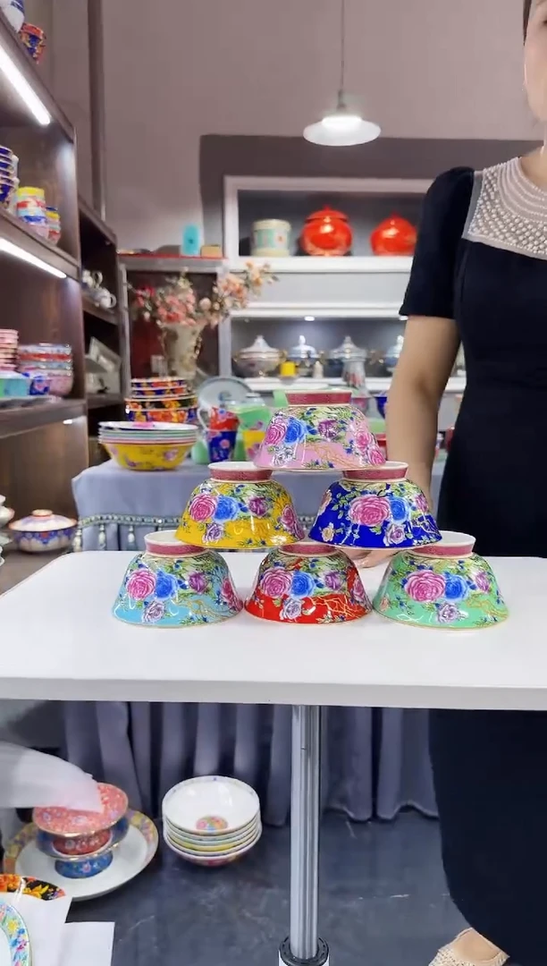 珐琅4.7英寸花口碗6个景德镇陶瓷混色