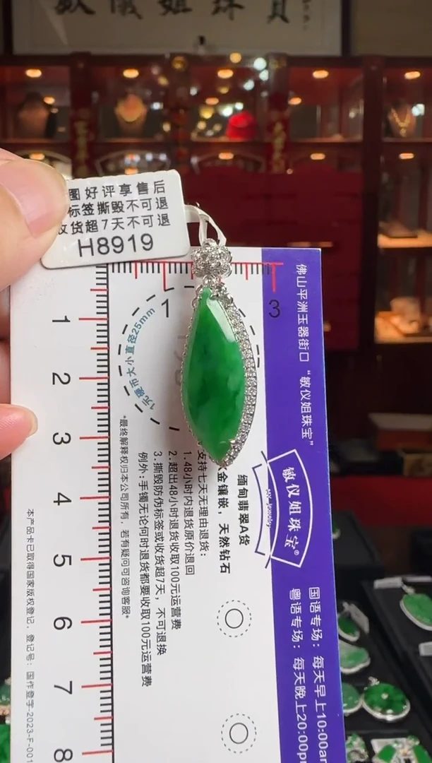 翡翠18K金镶嵌颈饰H8919冰辣绿滴水