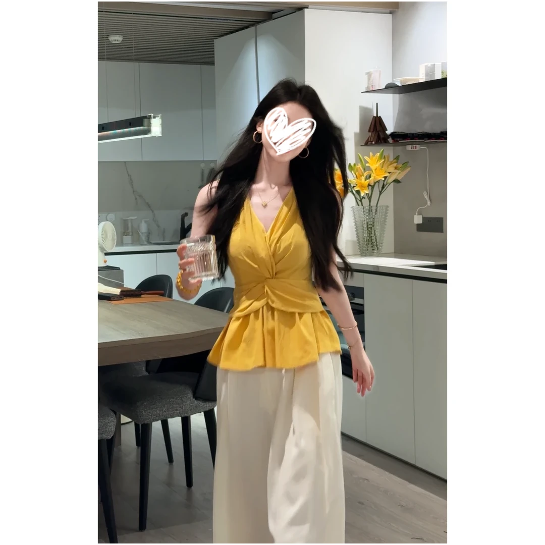 时尚法式设计感扭结V领洋气衬衣女2025夏季气质显瘦百搭衬衫1218