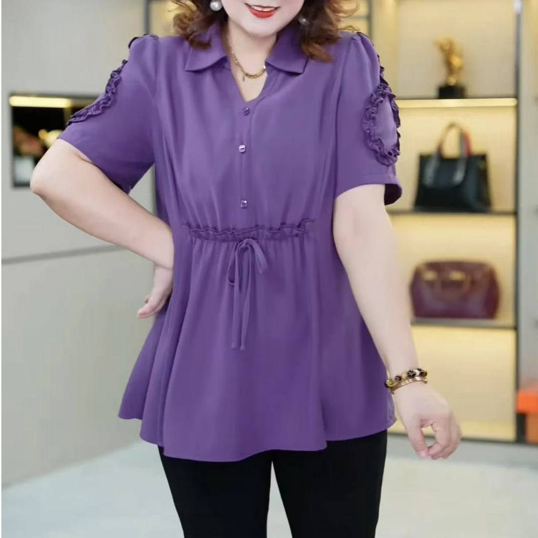 苏兰诺夏季新款大码女装气质收腰提花高雅木耳花边显瘦短袖ZB7277