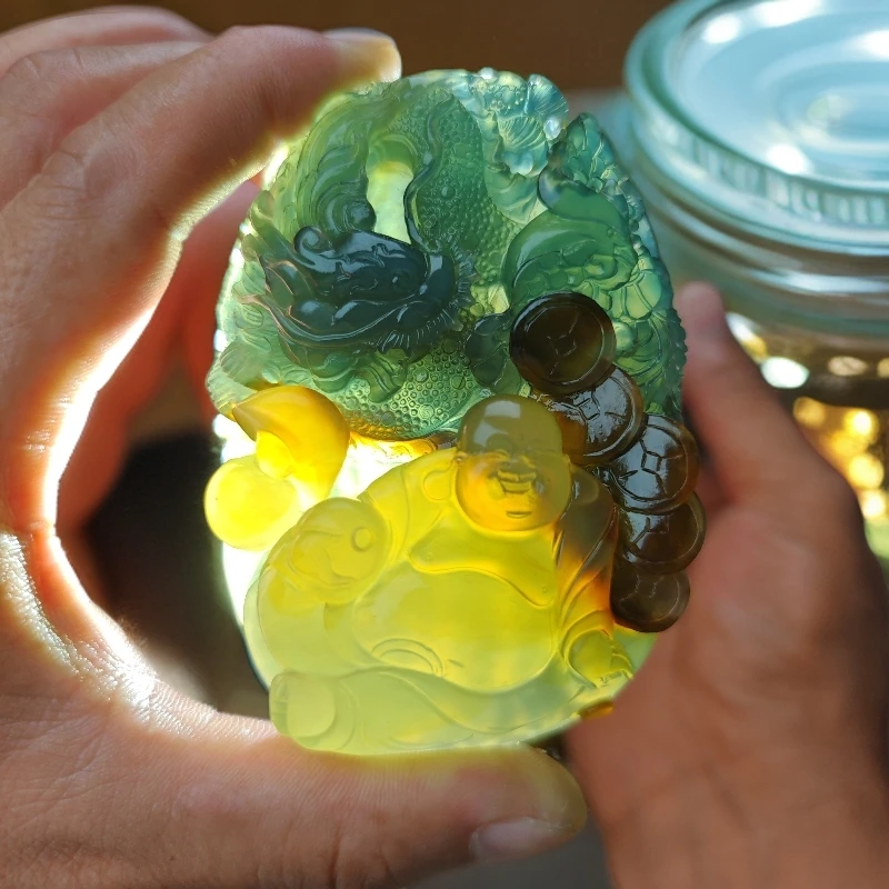 精品玉石王花玉，龙凤弥勒佛精雕