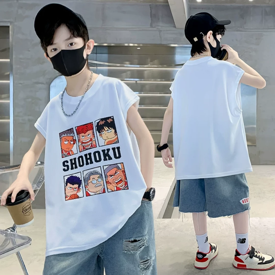 夏季宽松纯棉男孩动漫卡通无袖上衣运动风格休闲圆领男童背心儿童