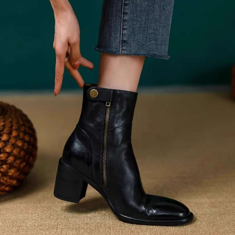 法式高档全软羊皮靴子女短靴2025年秋冬新款粗跟高跟马丁靴女单靴