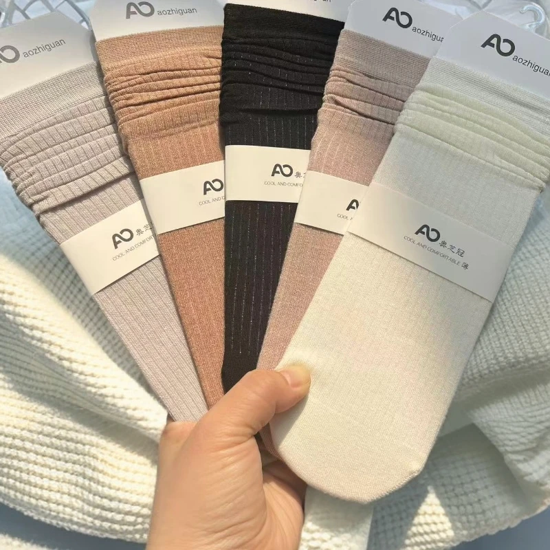 小腿袜女白色堆堆袜春夏薄款ins潮简约竖条纹灰色长筒袜及膝袜