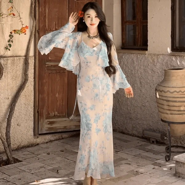 【青花】法式温柔贵气女人蓝色碎花吊带连衣裙&防晒空调开衫8232