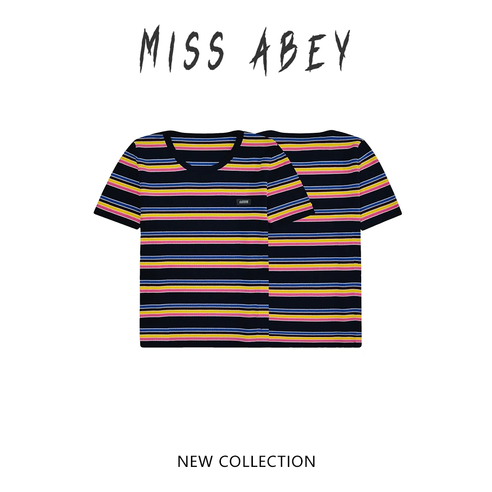 杉姐自营店条纹短袖拿铁女孩圆领毛织城市风#17-TX-0207