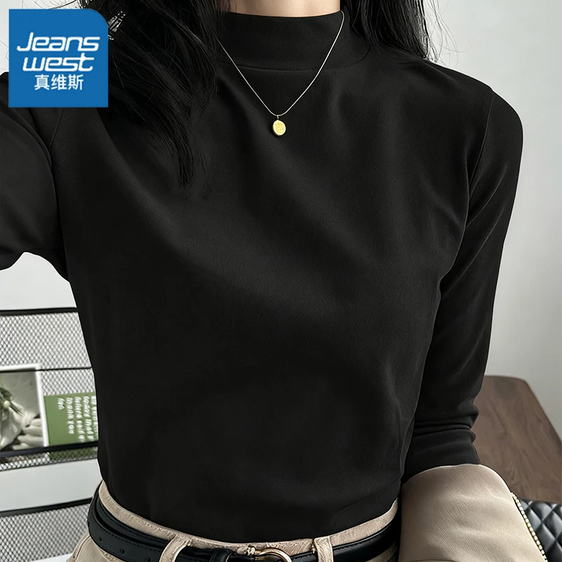 真维斯薄绒打底衫女秋冬2025内搭长袖t恤黑色半高领加绒加厚上衣L