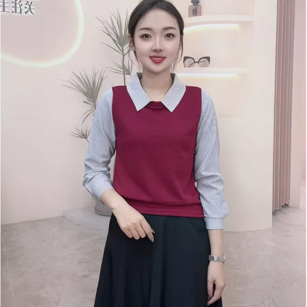 2025年秋季韩系翻领假两件长袖女装套头衬衣袖拼接设计显瘦上衣