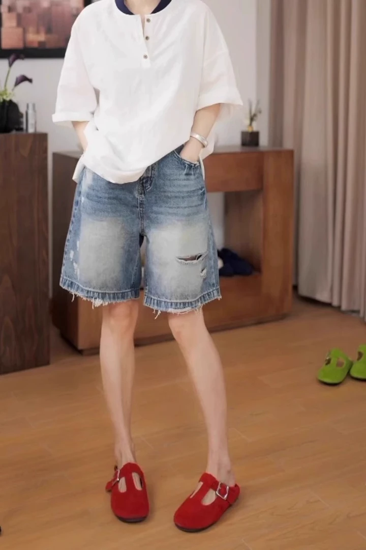 蓝色破洞牛仔短裤女爆款2025新款夏季薄款高腰显瘦大码胖mm小个子