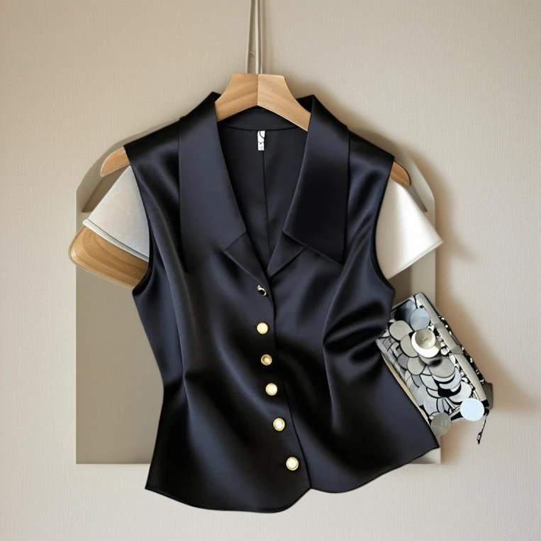 夏季2025法式风格绝美高级感无袖v领缎面马甲背心女独特显瘦小衫