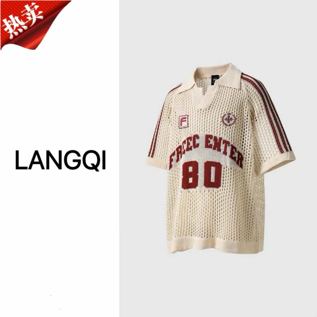 翻领时尚显瘦短袖夏季凉感镂空男女美式运动风宽松字母POLO衫