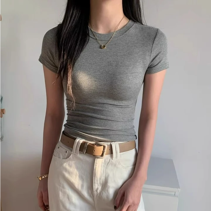 小圆领灰色性感显瘦心机打底衫2025春夏季洋气百搭修身上衣体恤女