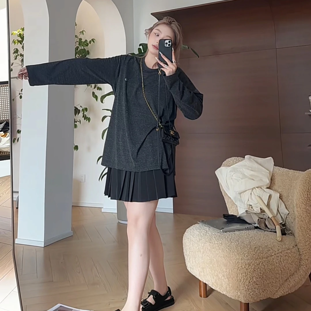 【瘦瘦】大码夏季马蹄梵文印花宽松慵懒感百搭插肩袖长袖上衣S01828