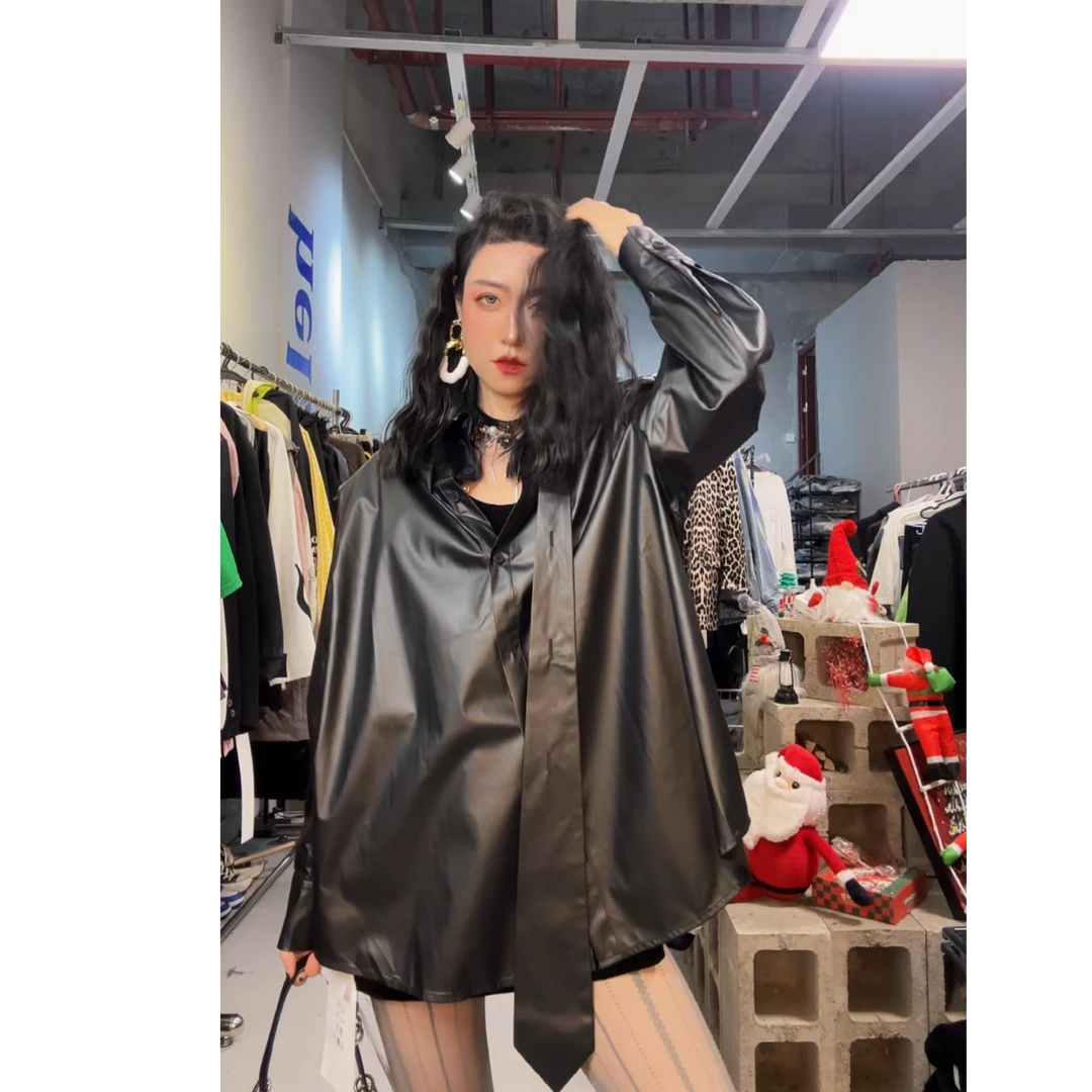 奇奇家 十三行设计师款 一衣多穿黑色亮面衬衫