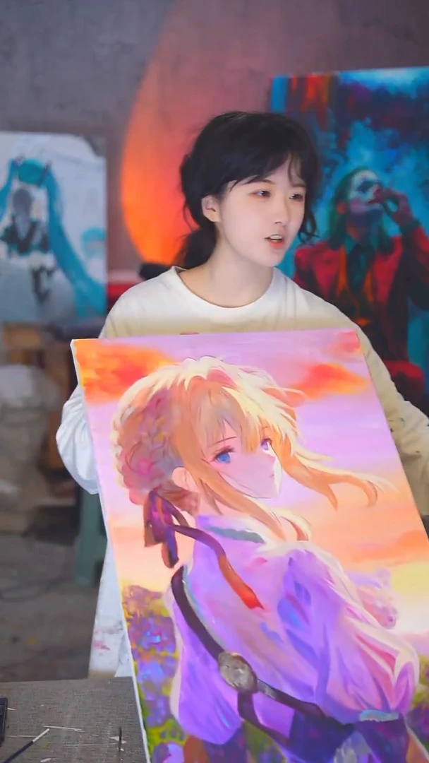 油画中****粉薇尔莉特丙烯画纯手绘