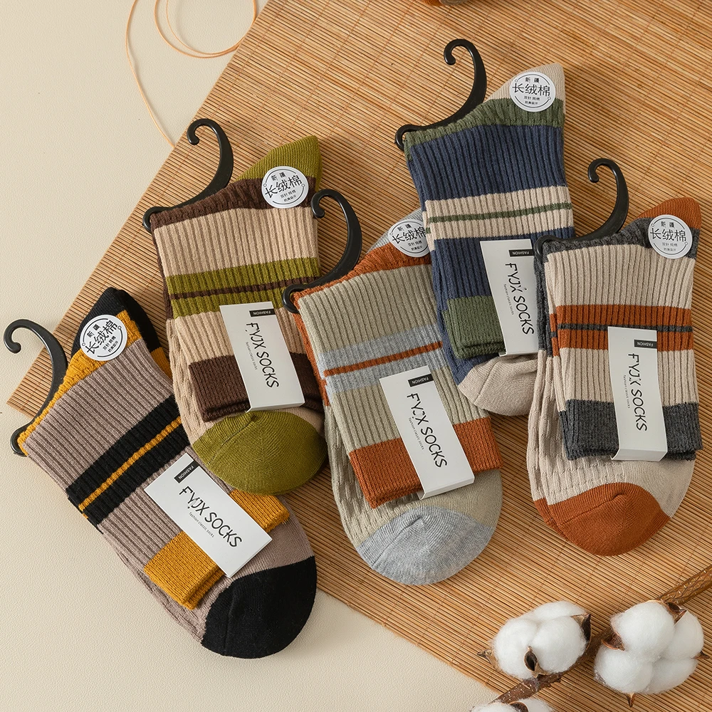 袜子男士棉袜中筒袜春秋季吸汗透气防臭双针精梳棉条纹拼色精梳棉