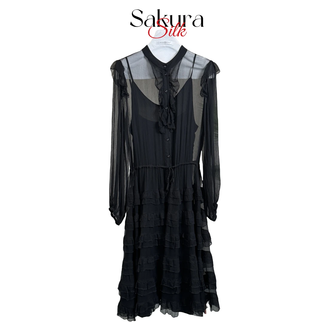 【美艳绝伦】静奢风薄款系带中长裙新中式提花网红黑色连衣裙气质