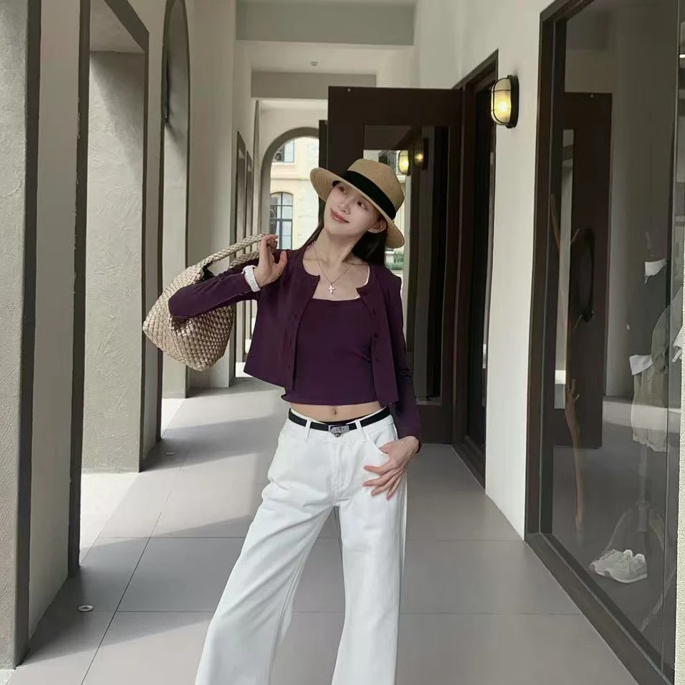 肚子250525两件套韩系绝美带胸垫无袖吊带背心女新款长袖开衫上衣