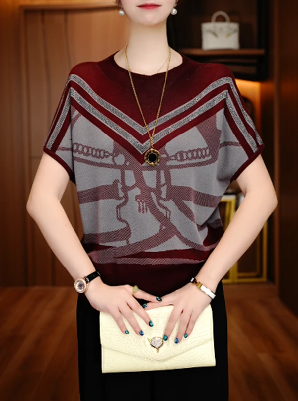 国颐 新款春夏针织衫短袖女高端显瘦显白百搭时尚上衣V25P577