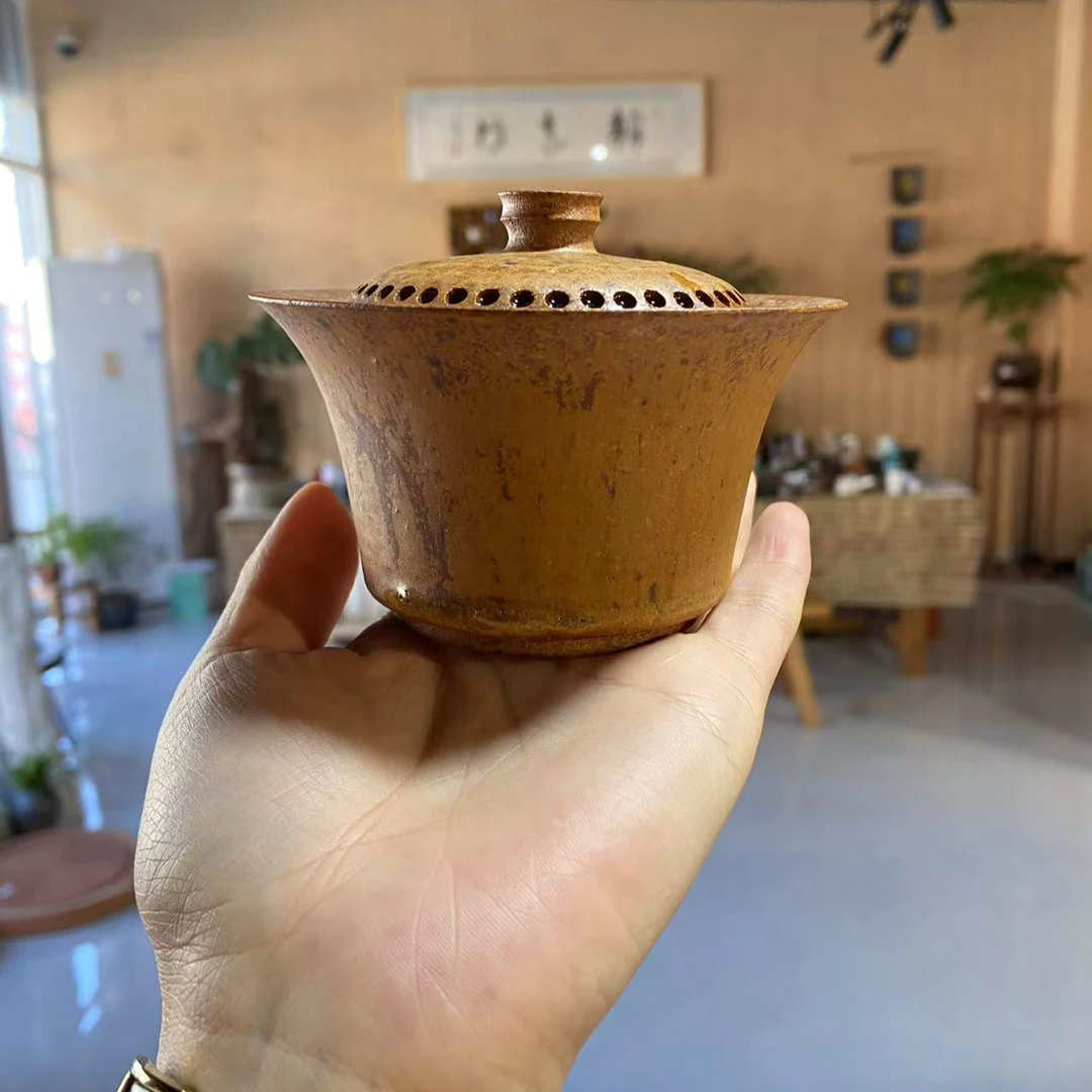 高温定窑素色釉马蹄款瀑布盖碗全外放孔出水大盖碗茶碗带盖