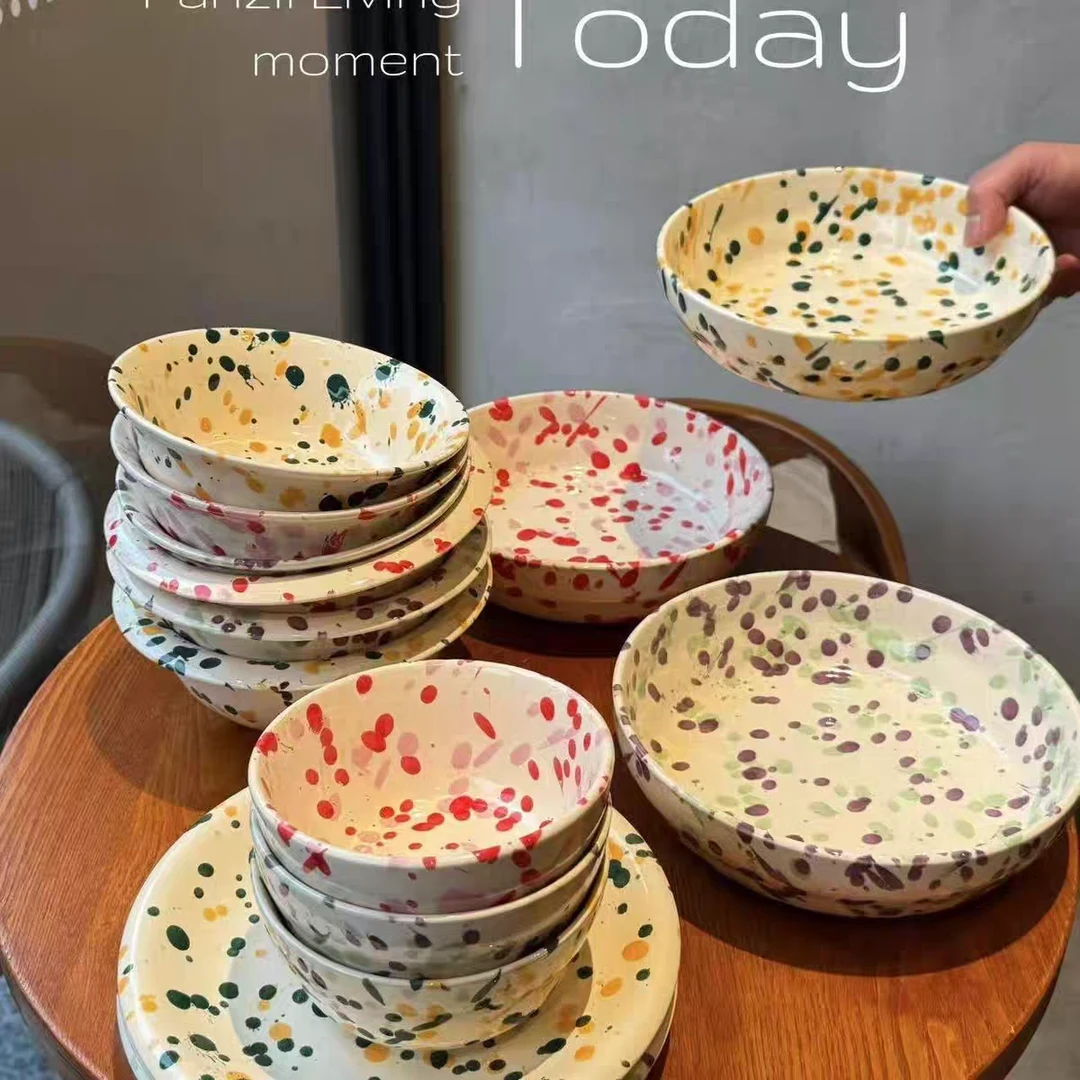 陶瓷韩式ins泼墨气泡陶瓷餐盘碗大容量酸奶水果沙拉碗釉下可微波