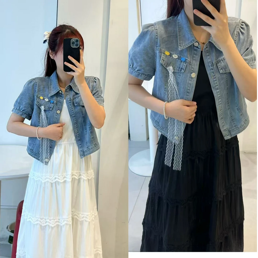 白色吊带蕾丝蛋糕连衣裙+时尚小个子牛仔短袖外套夏季两件套套装