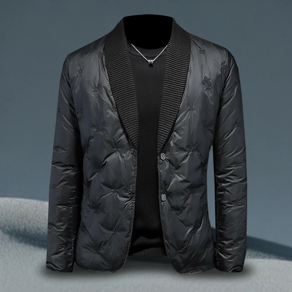 巴赛娜缇冬季时尚羽绒服外套男新款加厚保暖针织西装领轻薄白鸭绒