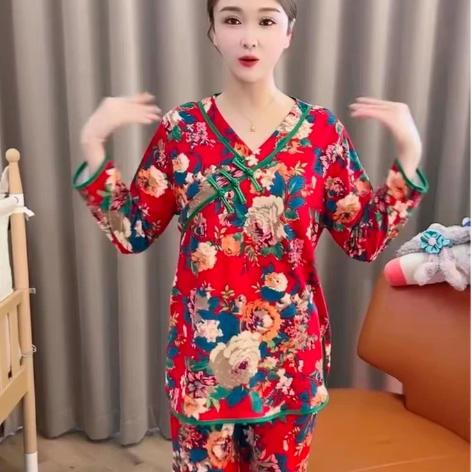 秋季新款套头女睡衣大码时尚妈装长袖时尚红色碎花家居服套装