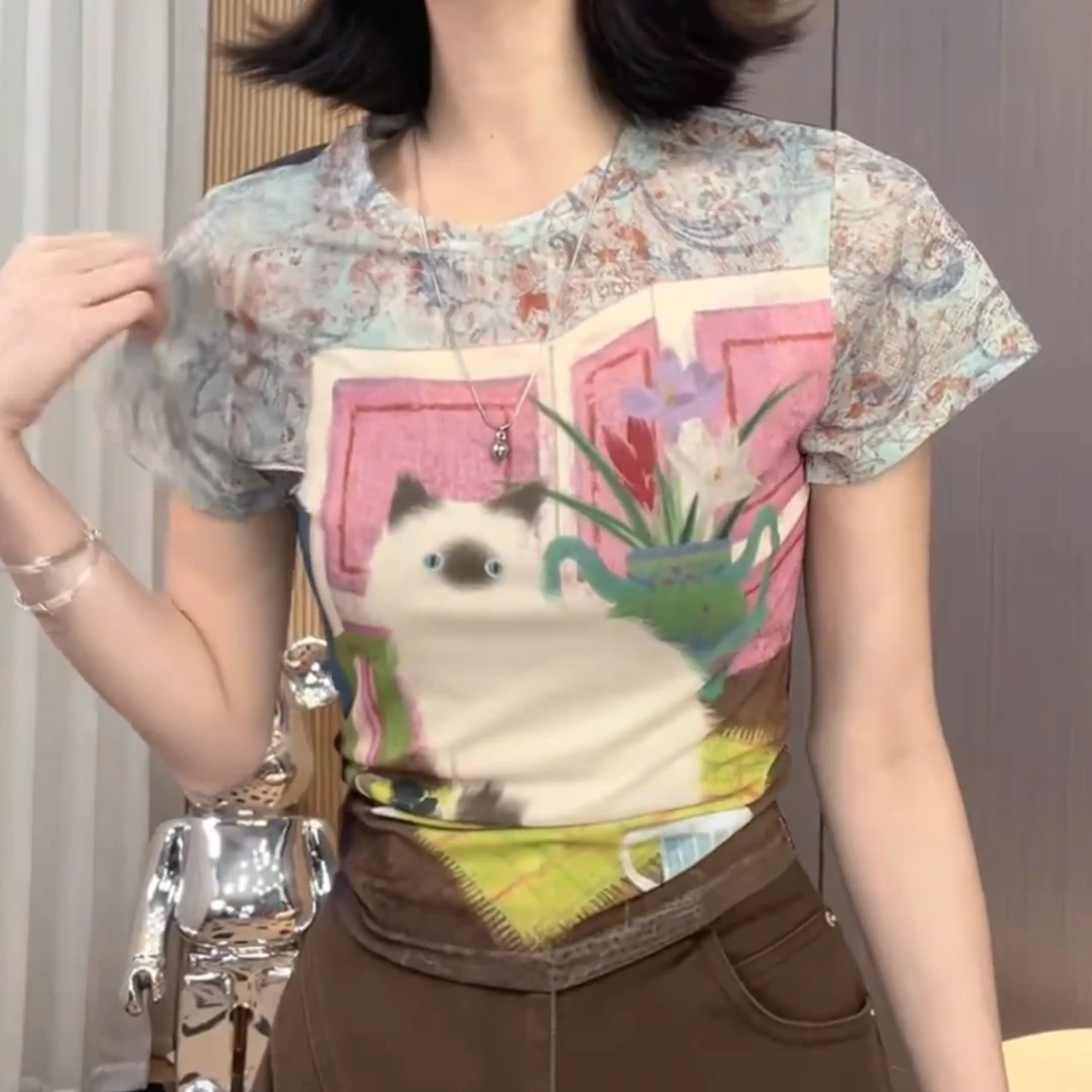 2025春夏‘’壁画猫咪‘’复古油画设计感软糯轻薄短袖LK2503299