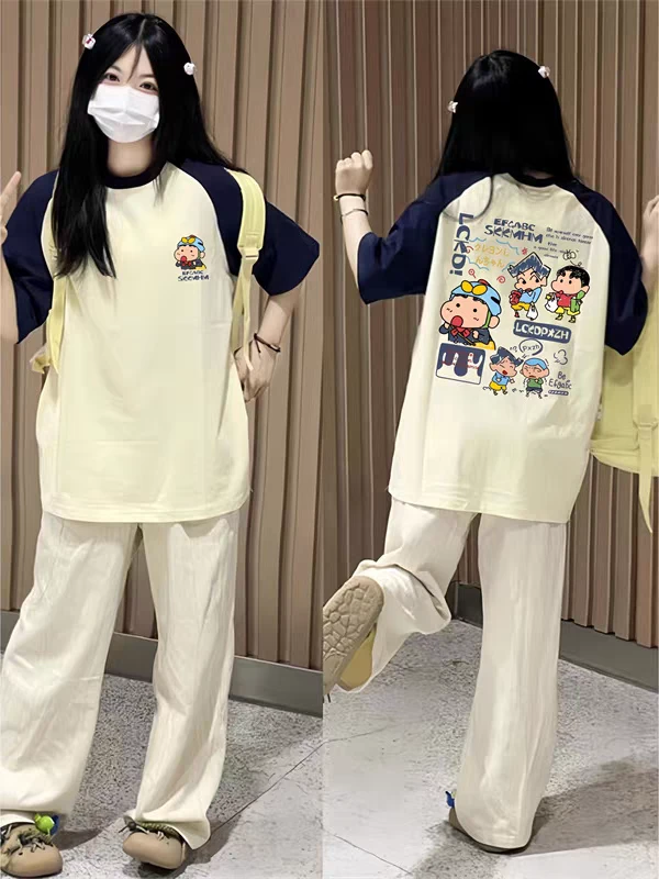 t恤美式插肩撞色短袖少女大童夏季初中高中学生宽松插肩半袖上衣