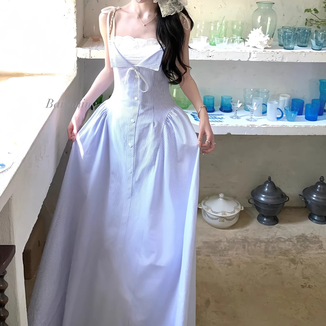 条纹吊带裙连衣裙女2025夏季新款设计感小个子穿搭海边度假风长裙