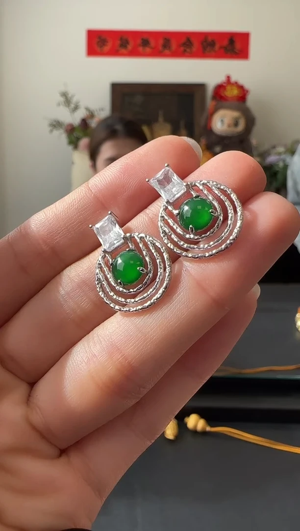 【闪购商品】翡翠耳饰银S925镶嵌银镶