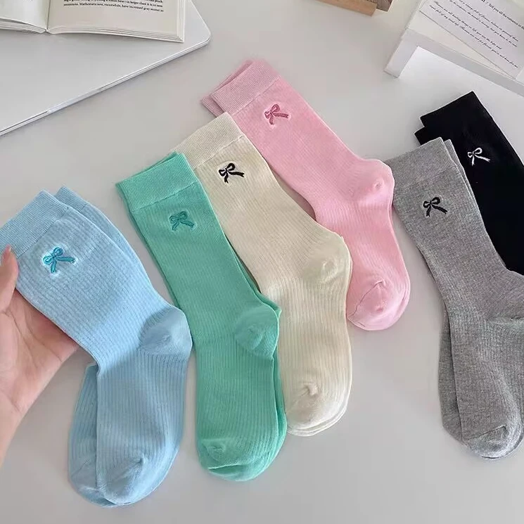 蝴蝶结刺绣中筒袜女款春夏季纯色芭蕾风堆堆袜薄款彩色亮色棉袜子