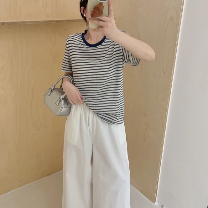 小众休闲百搭女韩版毛针织衫打底上衣静奢风千金风薄款短袖条纹