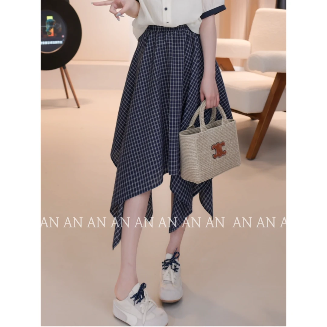 C04254不规则A字半身裙女夏季复古小众显瘦小个子中长款格子裙