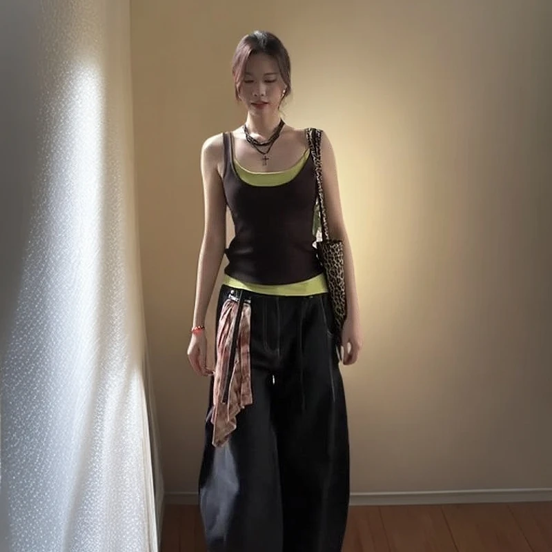 通勤复古撞色两件套叠穿防走光吊带背心女薄款夏辣妹外穿无袖美背