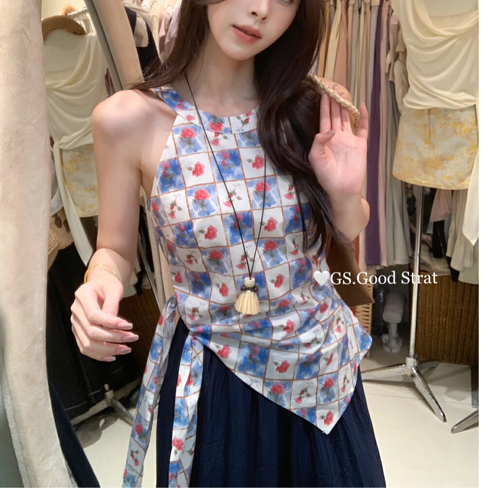 印花背心内搭打底修身型少女风显瘦复古设计感无袖吊带碎花辣妹