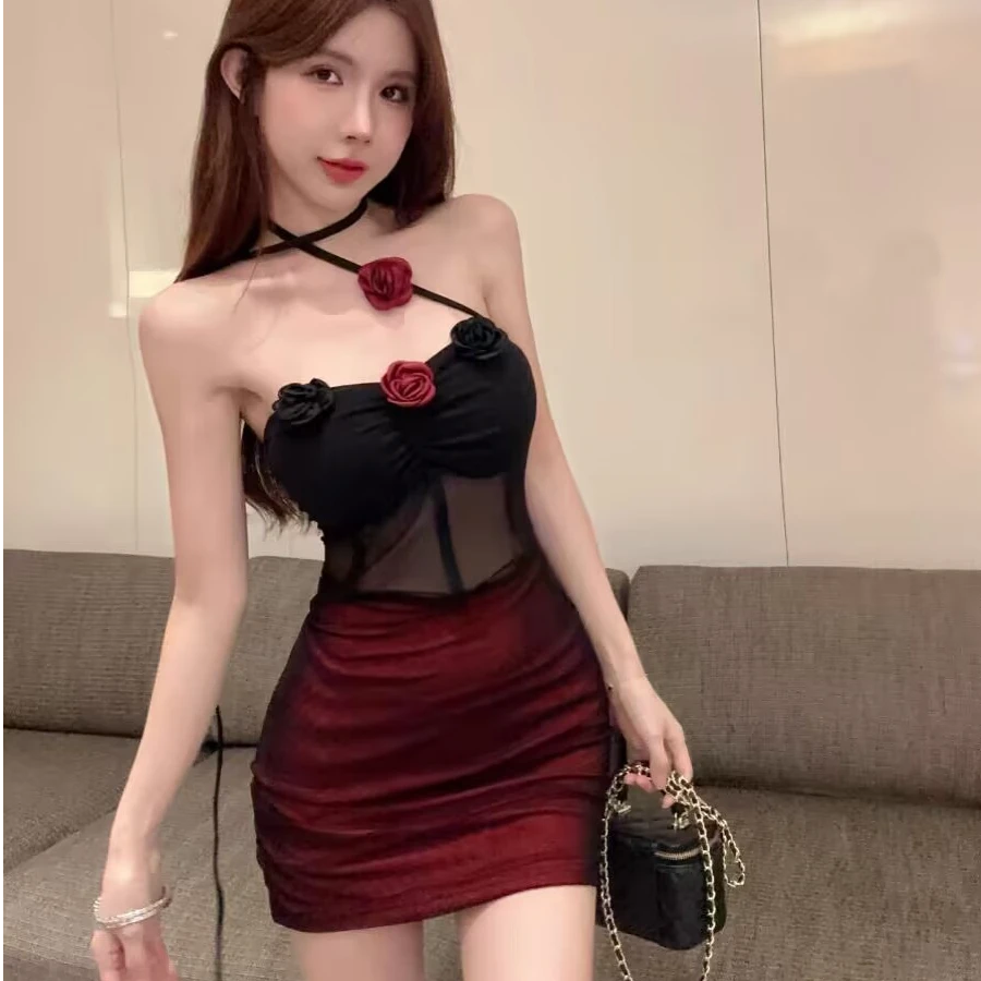 性感挂脖带胸垫抹胸连衣裙心机辣妹风高腰修身褶皱显瘦包臀睡衣裙